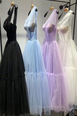 Prom Dress Long Beautiful, One Shoulder Blue Tulle Midi Dress