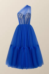 Prom Dress Sweetheart, One Shoulder Blue Tulle Midi Dress