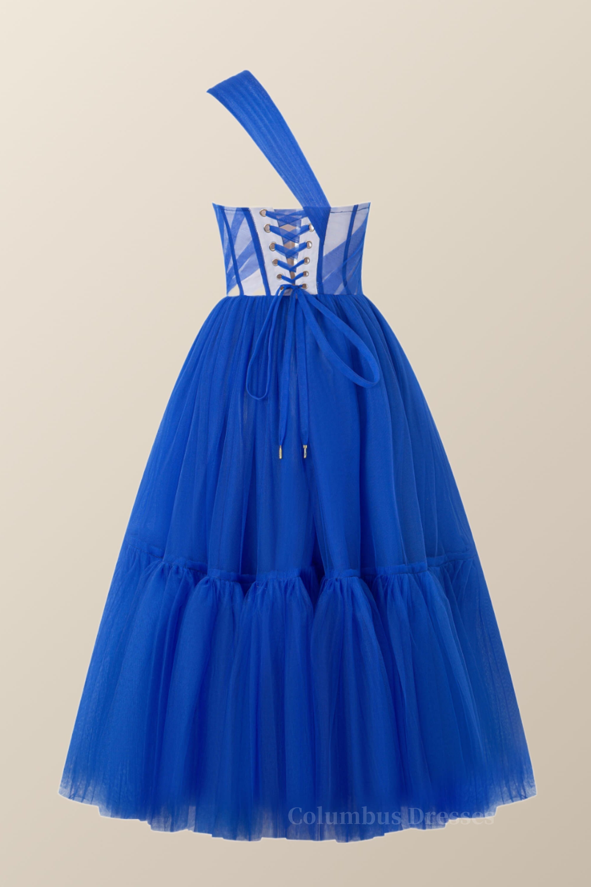 Prom Dresses Sweetheart, One Shoulder Blue Tulle Midi Dress