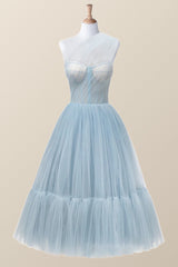 Prom Dresses Size 52, One Shoulder Blue Tulle Midi Dress