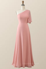 Party Dress Pink Dress, One Shoulder Blush Pink Chiffon Long Bridesmaid Dress