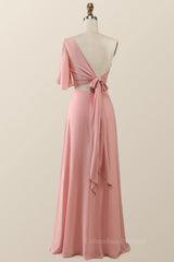 Party Dress With Glitter, One Shoulder Blush Pink Chiffon Long Bridesmaid Dress