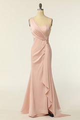 Prom Dress With Pocket, One Shoulder Blush Pink Mermaid Long Bridesmaid Dress