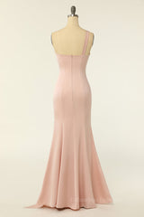 Prom Dresses With Pockets, One Shoulder Blush Pink Mermaid Long Bridesmaid Dress