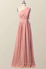 Fall Wedding Color, One Shoulder Blush Pink Pleated Long Bridesmaid Dress