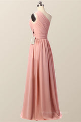 Dream Wedding, One Shoulder Blush Pink Pleated Long Bridesmaid Dress