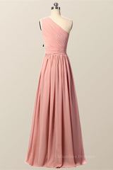 Bridesmaids Dress Modest, One Shoulder Blush Pink Pleated Long Bridesmaid Dress