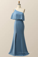 Bridesmaids Dresses Champagne, One Shoulder Cold Sleeve Misty Blue Mermaid Long Bridesmaid Dress