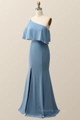 Bridesmaids Dress Champagne, One Shoulder Cold Sleeve Misty Blue Mermaid Long Bridesmaid Dress