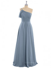 Prom Ideas, One Shoulder Dusty Blue Chiffon A-line Long Bridesmaid Dress