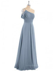 Cute Summer Dress, One Shoulder Dusty Blue Chiffon A-line Long Bridesmaid Dress