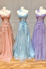 Bridesmaid Dresses Blushing Pink, One Shoulder Floral Long Prom Dresses, Formal Graduation Evening Dress