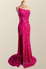 Bridesmaid Dresses Styles Long, One Shoulder Fuchsia Sequin Mermaid Long Party Dress