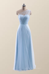 Beauty Dress, One Shoulder Light Blue Tulle A-line Bridesmaid Dress