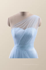 Slip Dress, One Shoulder Light Blue Tulle A-line Bridesmaid Dress
