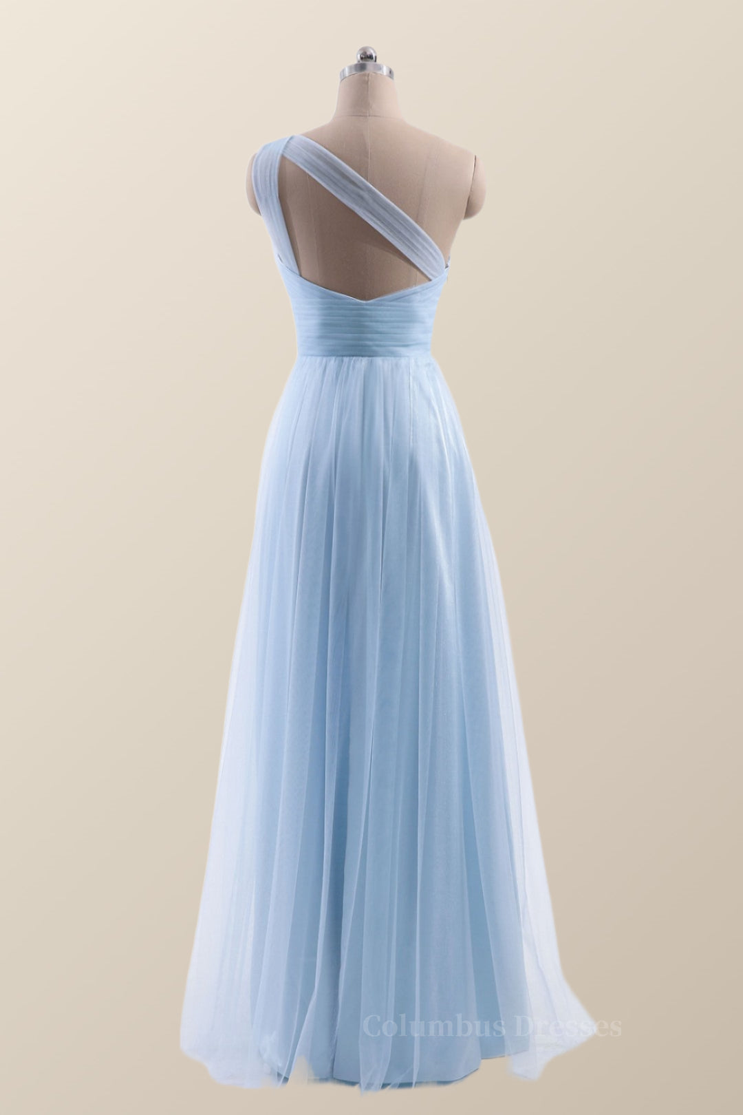 Cute Prom Dress, One Shoulder Light Blue Tulle A-line Bridesmaid Dress