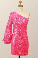 Bridesmaids Dresses Websites, One Shoulder Long Sleeve Hot Pink Tight Mini Dress