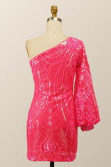 Bridesmaid Dress Websites, One Shoulder Long Sleeve Hot Pink Tight Mini Dress