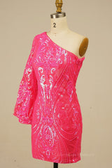 Bridesmaid Dresses Websites, One Shoulder Long Sleeve Hot Pink Tight Mini Dress