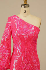 Bridesmaid Dress Website, One Shoulder Long Sleeve Hot Pink Tight Mini Dress