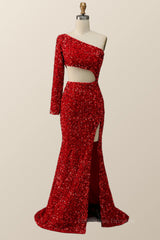 Formal Dresses, One Shoulder Long Sleeve Red Sequin Mermaid Party Dress