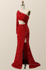 Formal Dress Suits For Ladies, One Shoulder Long Sleeve Red Sequin Mermaid Party Dress