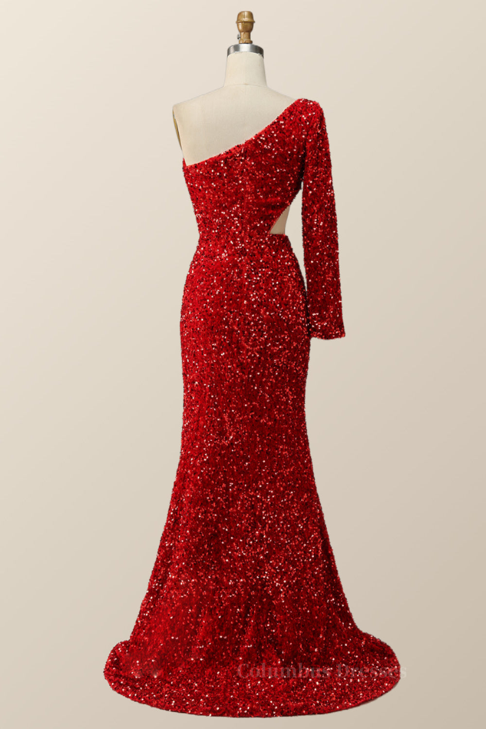 Formal Dress For Beach Wedding, One Shoulder Long Sleeve Red Sequin Mermaid Party Dress