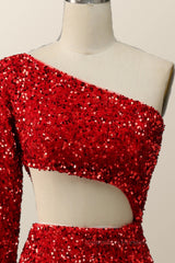 Formal Dresses Modest, One Shoulder Long Sleeve Red Sequin Mermaid Party Dress