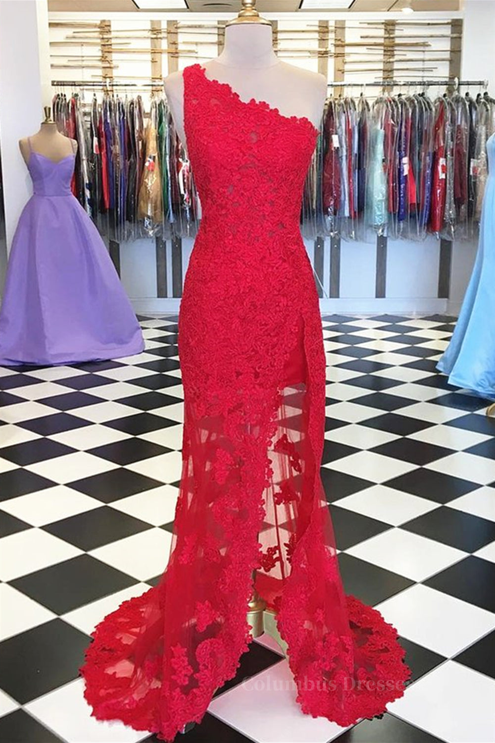 Fancy Outfit, One Shoulder Mermaid Red Lace Long Prom Dresses with High Slit