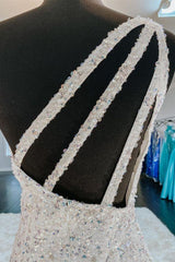 Homecoming Dresses Sweetheart, One Shoulder Mermaid Sequins Ivory Long Prom Dress, Open Back Formal Dress,Sequins Sexy Evening Dresses
