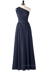 Party Dresse Idea, One Shoulder Navy Blue Pleated Long Bridesmaid Dress