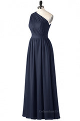 Party Dresses Idea, One Shoulder Navy Blue Pleated Long Bridesmaid Dress