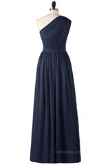Party Dresses Ideas, One Shoulder Navy Blue Pleated Long Bridesmaid Dress
