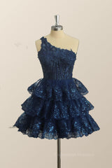 Bridesmaids Dresses Color Schemes, One Shoulder Navy Blue Ruffles A-line Dress