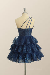 Bridesmaid Dress Color Schemes, One Shoulder Navy Blue Ruffles A-line Dress
