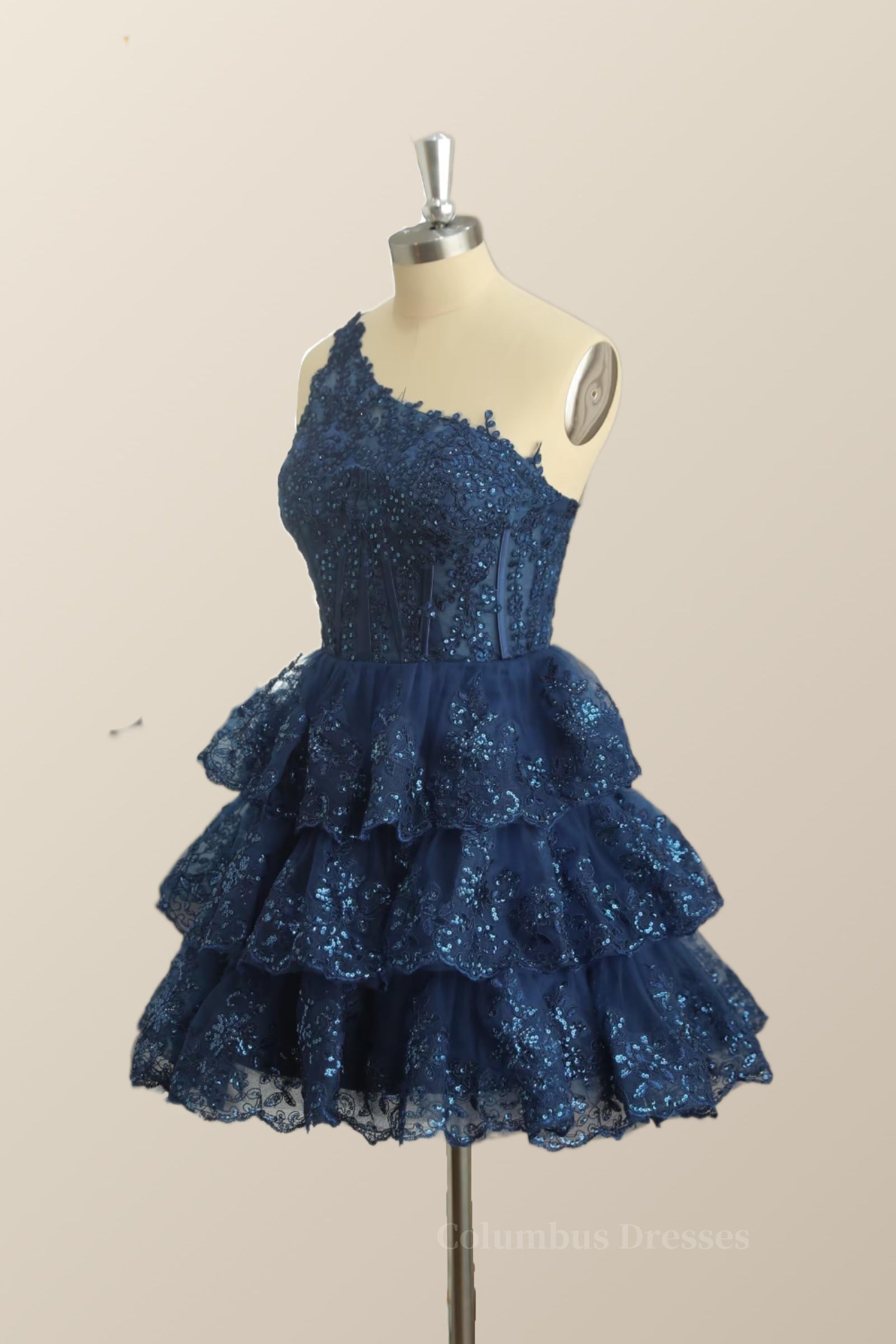 Bridesmaid Dresses Color Scheme, One Shoulder Navy Blue Ruffles A-line Dress