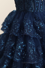 Bridesmaid Dress Colors Scheme, One Shoulder Navy Blue Ruffles A-line Dress