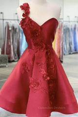 Engagement Photo, One Shoulder Open Back Burgundy Floral Short Prom Dress, Wine Red Floral Formal Evening Homecoming Dress