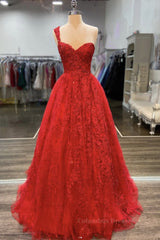 Evening Dress Petite, One Shoulder Open Back Red Lace Long Prom Dresses, Sweetheart Neck Red Lace Formal Dresses, Red Evening Dresses