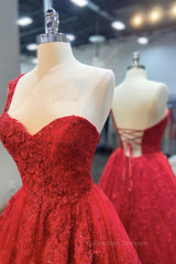Evening Dresses 2056, One Shoulder Open Back Red Lace Long Prom Dresses, Sweetheart Neck Red Lace Formal Dresses, Red Evening Dresses