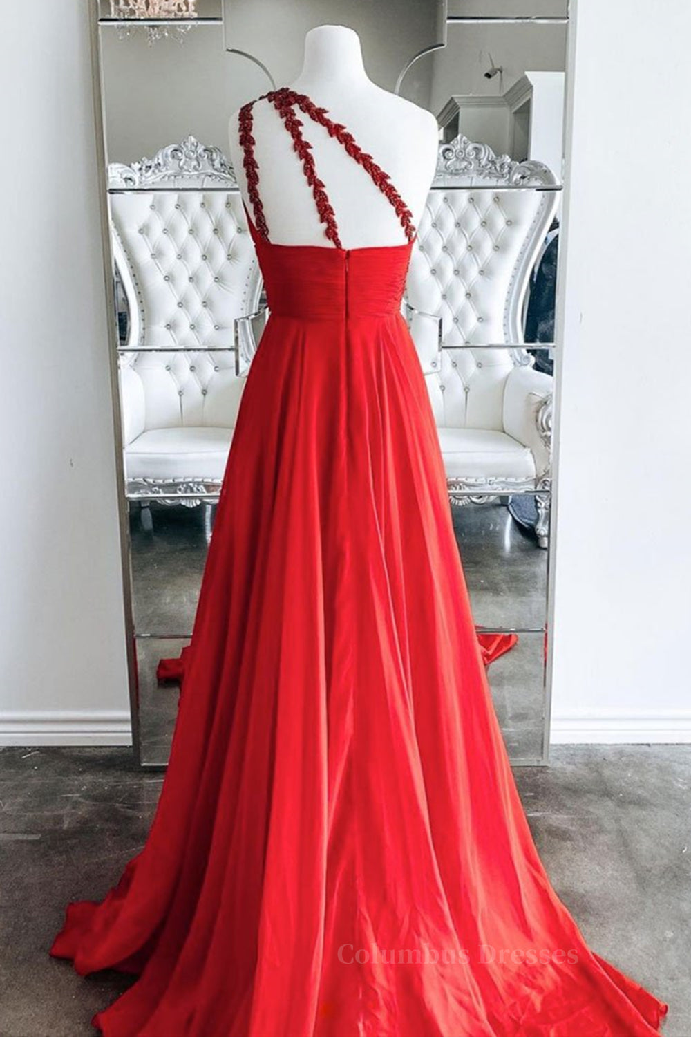 Elegant Wedding Dress, One Shoulder Open Back Red Long Prom Dress, Backless Red Formal Dress, Red Evening Dress