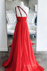 Bridesmaids Dresses On Sale, One Shoulder Open Back Red Long Prom Dresses, Backless Red Formal Graduation Evening Dresses