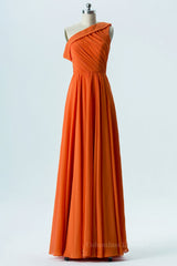 Bridesmaid Dress Neutral, One Shoulder Orange Chiffon A-line Long Bridesmaid Dress