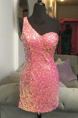 Evening Dress Store, One Shoulder Pink Sequin Bodycon Homecoming Dress