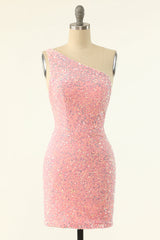 Prom Dress On Sale, One Shoulder Pink Sequin Bodycon Mini Dress