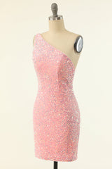 Prom Dress2059, One Shoulder Pink Sequin Bodycon Mini Dress