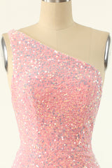 Prom Dresses2059, One Shoulder Pink Sequin Bodycon Mini Dress