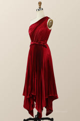Formal Dresses With Sleeves, One Shoulder Pleated Red Asymmetric Dress