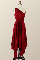Formal Dress Summer, One Shoulder Pleated Red Asymmetric Dress