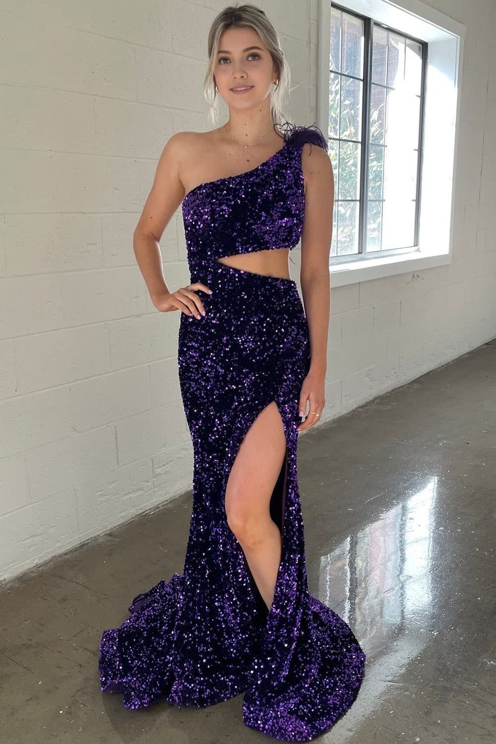 One Shoulder Purple Sparkly Mermaid Sequins Long Prom Dress with Slit